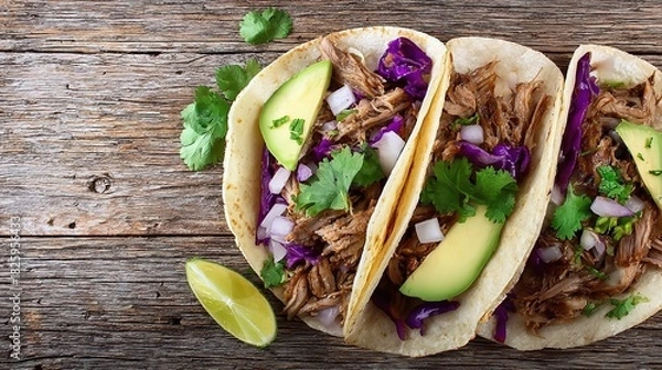 Obraz carnitas. Flat lay of Mexican street tacos with fresh ingredients, highlighting vibrant flavors and rustic appeal. menu design.