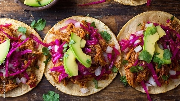 Obraz carnitas. Flat lay of Mexican street tacos with fresh ingredients, highlighting vibrant flavors and rustic appeal. menu design.