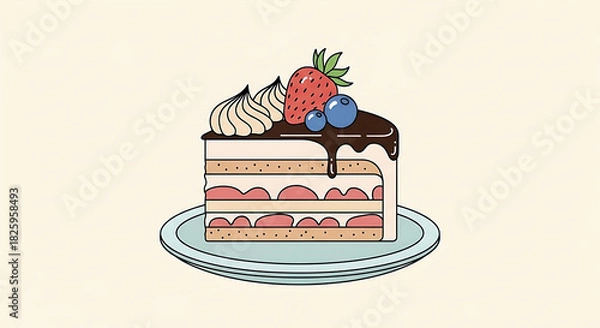 Obraz Illustration of a slice of cake with berries and chocolate topping