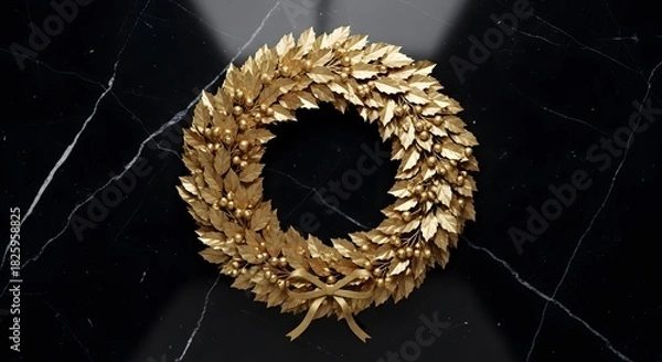 Obraz Golden Laurel Wreath, Symbol of Victory, Achievement, and Honor, Set Against a Dark Marble Background