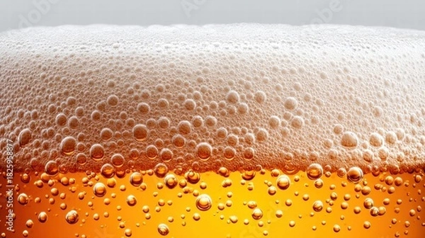 Fototapeta Close-up view of beer with bubbles and foam.