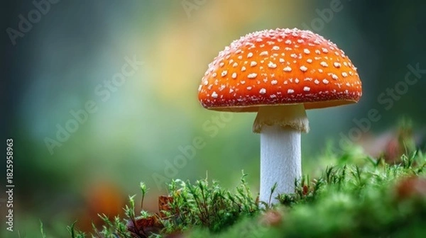 Fototapeta Vibrant red and white mushroom growing in a lush green forest environment