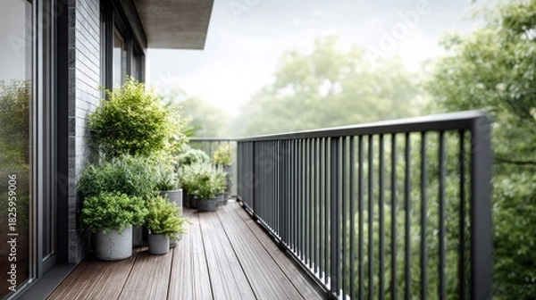 Fototapeta Balcony garden with lush greenery and modern design elements
