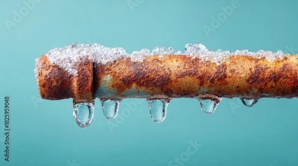 Fototapeta Rusty pipe with ice and water droplets against a vibrant teal background