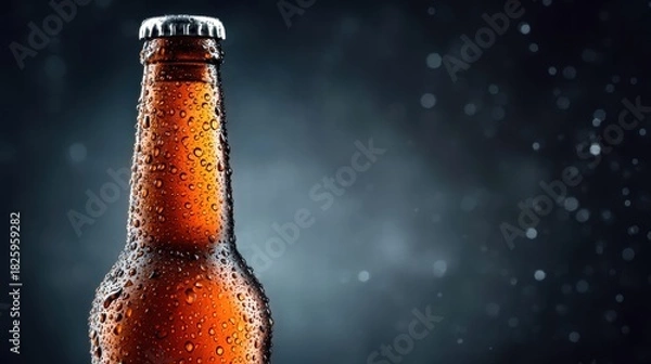 Fototapeta Close-up of a cold beer bottle with condensation against a dark background.