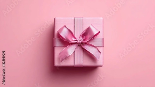 Fototapeta Elegant pink gift box with satin ribbon and bow on a matching background