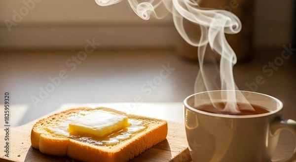 Obraz Freshly toasted bread with melted butter and steaming tea cup  