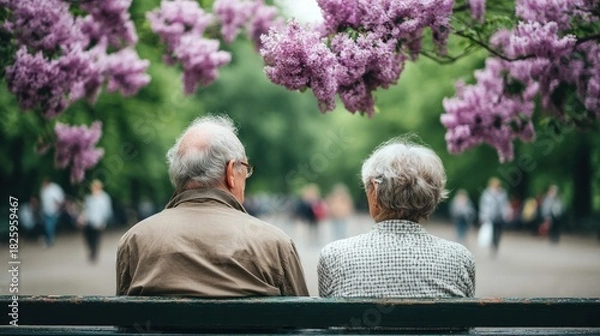 Fototapeta Elderly couple enjoying a peaceful moment in a park under blooming lilac trees