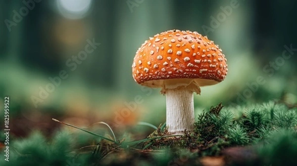 Fototapeta Vibrant fly agaric mushroom in a lush forest setting, close-up view with bokeh