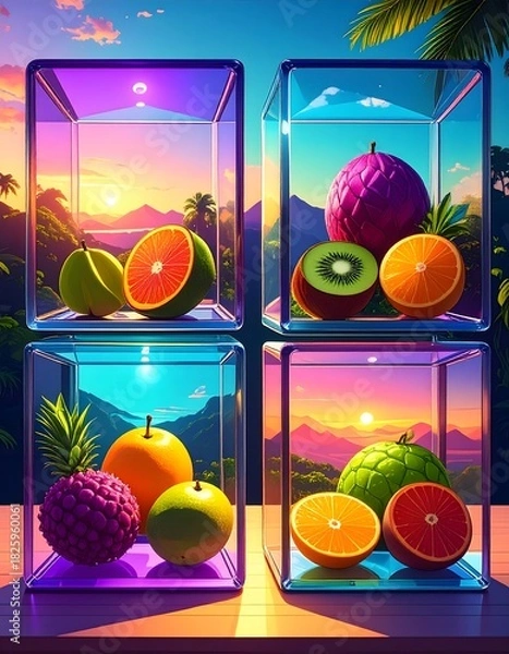 Fototapeta Tropical Fruits in Transparent Cubes with Sunset Backgrounds, Artistic Composition