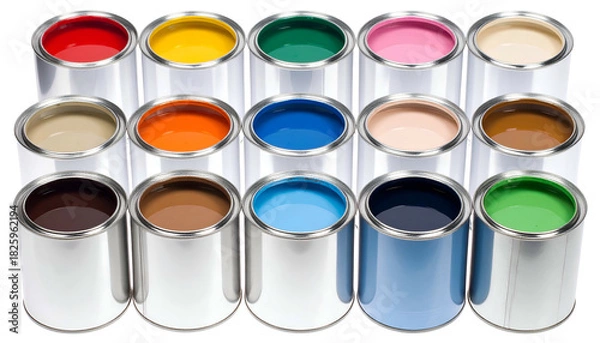 Fototapeta Fifteen metallic paint cans open, filled with vibrant colors arranged in three rows