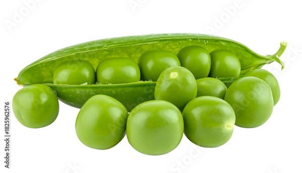 Fototapeta Close-up of green pea pods, one open to display many shiny, vibrant pea seeds