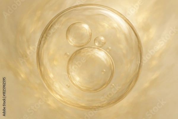 Fototapeta Close-up of transparent bubbles suspended in a golden fluid, symbolizing beauty, elegance, and scientific exploration in microscopy and fluid dynamics.