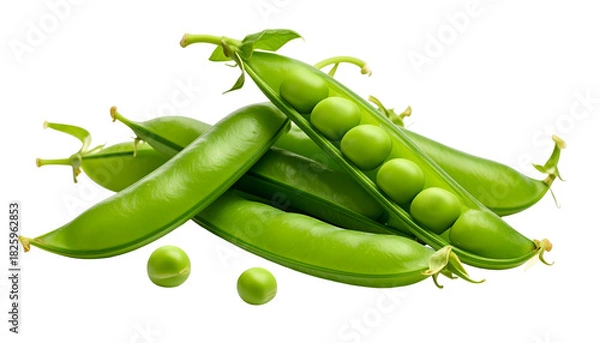 Fototapeta Close-up of several green pea pods, some open, revealing fresh, spherical peas
