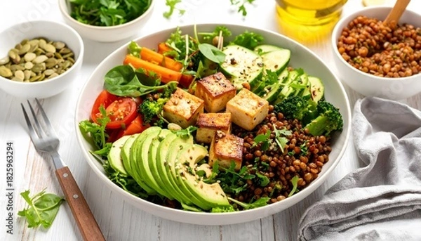 Fototapeta Vibrant and Healthy Vegan Buddha Bowl with Tofu, Avocado, and Lentils