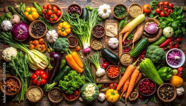 Fototapeta Vibrant Array of Fresh Vegetables and Spices on Rustic Wooden Surface