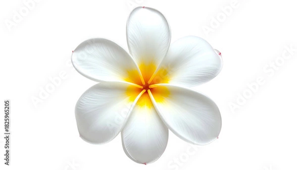 Fototapeta Overhead view of a vibrant plumeria flower with white petals and a bright yellow center
