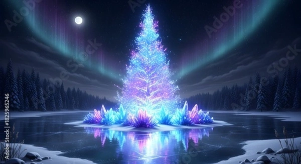 Obraz Magical Crystal Christmas Tree Amidst Northern Lights and Icy Waters