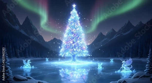 Obraz Magical Christmas Tree Illuminated by Northern Lights in a Frozen Wonderland Scene