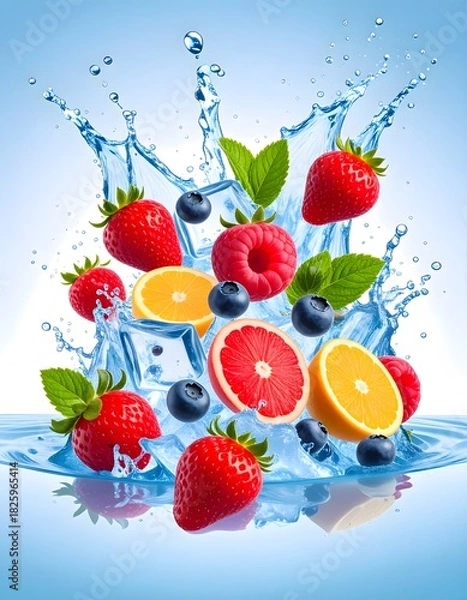 Fototapeta Vibrant Berries and Citrus in a Splashing Water Cascade