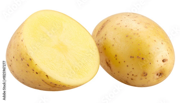 Fototapeta Close-up studio shot of a raw potato cut in half, isolated on a solid black background