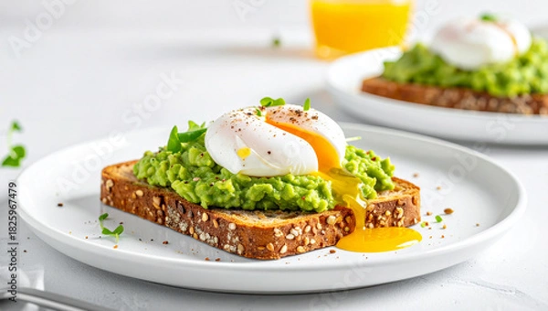 Fototapeta Delicious and Nutritious Homemade Avocado Toast with Poached Egg and Spices