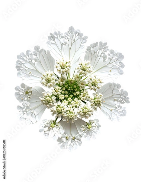 Fototapeta Overhead macro of a pristine white flower with a central cluster on a black background