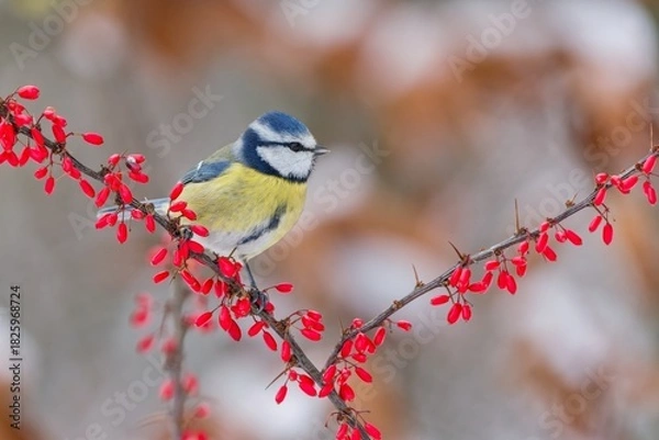 Fototapeta A blue tit sits on a nice twig with red berries. Winter scene with a cute blue tit. Cyanistes caeruleus
