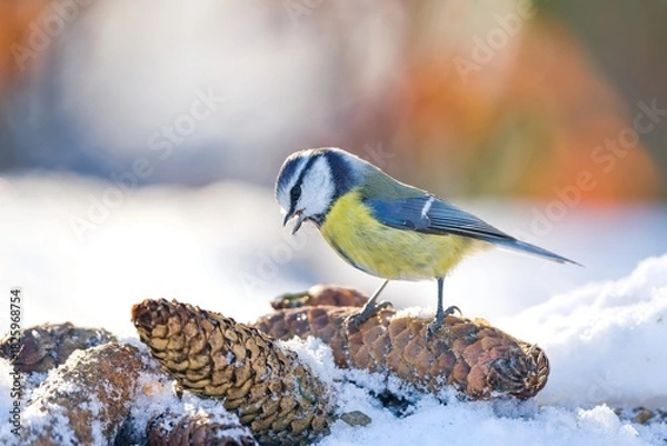 Obraz A cute blue tit looks for food in winter. Winter scene with a cute blue tit. Cyanistes caeruleus