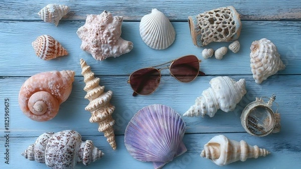 Obraz memorabilia. Seashell collection on blue wooden surface, coastal summer aesthetic. public awareness campaigns, NGO reports, designed for public awareness campaigns and NGO communications.
