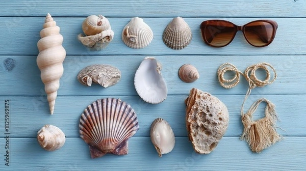 Fototapeta memorabilia. Seashell collection on blue wooden surface, coastal summer aesthetic. public awareness campaigns, NGO reports, designed for public awareness campaigns and NGO communications.