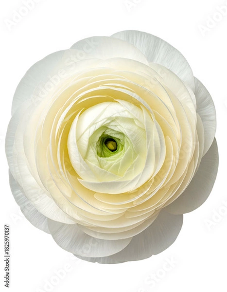 Fototapeta Overhead studio shot of a perfectly formed, white flower with layers and a green center