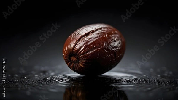 Obraz Warm-lit cocoa bean floating over glossy black water in premium minimal style