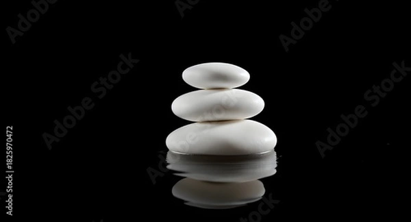 Obraz Balanced white pebble stack above mirror-like surface with gentle natural reflections