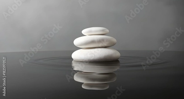 Obraz Soft-lit smooth white pebbles hovering over glossy water in calm minimal style