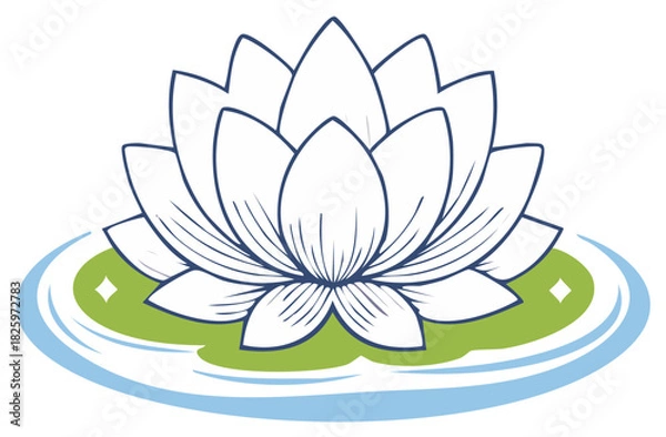 Fototapeta Elegant lotus blossom illustration in white and blue floating on a lily pad surrounded by light blue water, perfect for serene designs