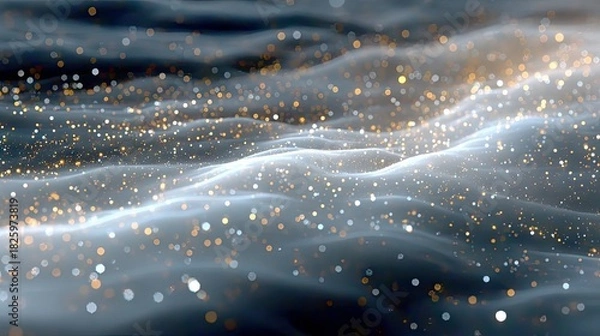 Fototapeta An abstract visualization of flowing, wavy forms with scattered golden and white glitter particles, creating a dreamy and ethereal atmosphere. The lighting is s