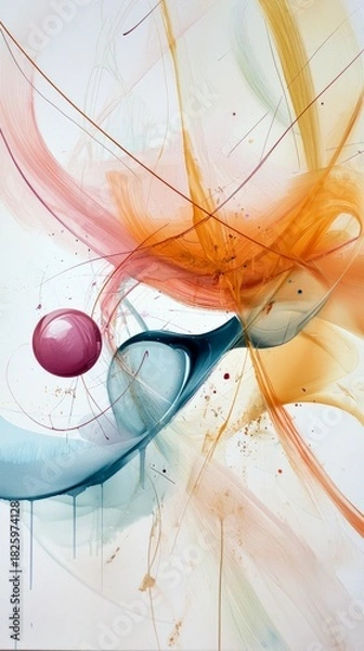 Fototapeta An abstract painting featuring dynamic, flowing lines in shades of orange, pink, and blue, with delicate droplets and splashes against a white background.