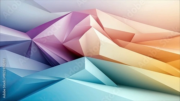 Fototapeta An abstract, low-poly landscape with sharp geometric shapes and a smooth gradient of colors from blue to purple to orange, suggesting a serene and futuristic en