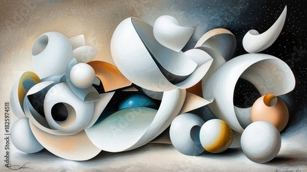 Fototapeta An abstract artwork featuring a complex arrangement of smooth, white geometric shapes, including spheres, curves, and open forms, set against a textured backgro