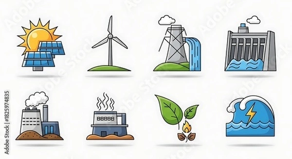Fototapeta Collection of hand drawn icons representing various renewable and non renewable energy sources and power generation methods