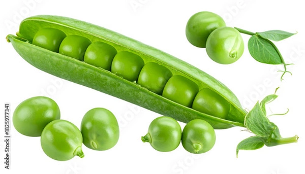 Obraz Close-up studio shot of a pod partially opened, revealing round green peas, with others scattered around