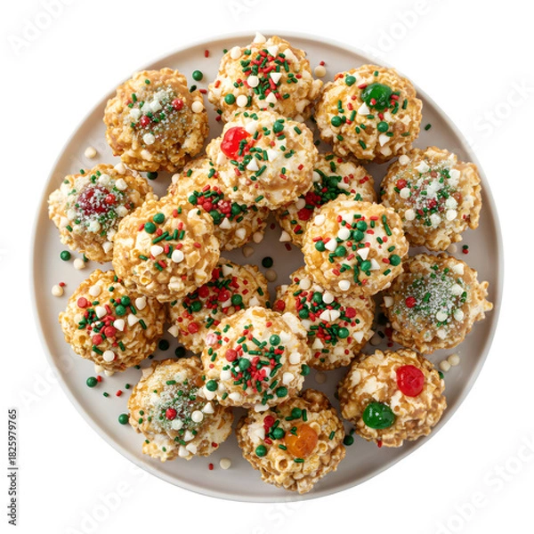 Obraz Festive Caramel Popcorn Balls Topped with White Chocolate, Sprinkles, and Cherries isolated on a transparent background 