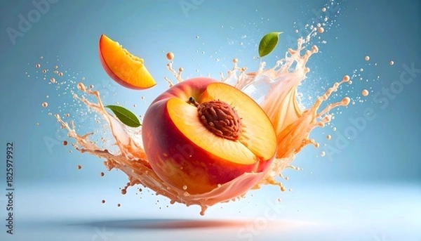 Fototapeta Vibrant Peach Explosion: A Juicy Slice, Splash, and Refreshing Fruit Display