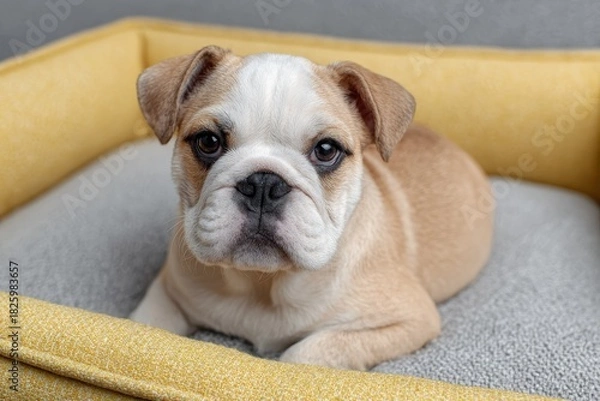 Fototapeta Relaxed bulldog lounging comfortably in a cozy indoor space on a soft bed. National Train Your Dog Month