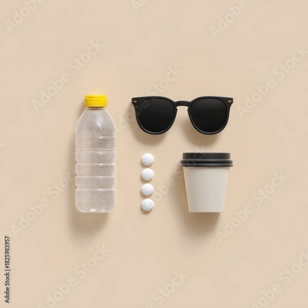 Fototapeta Items laid out on a flat surface illustrating the recovery process from a night of indulgence featuring drink, shades, and water. National Hangover Day,  Bloody Mary Day