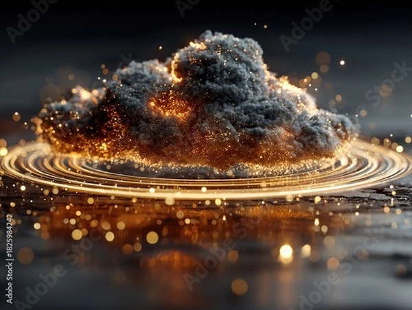 Fototapeta Gray Cloud Wrapped in Golden Particle Mesh with Glowing Tech Circles, Futuristic Cloud Computing Abstract Background