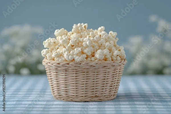 Fototapeta Woven basket filled with fluffy popcorn under bright natural light in a serene setting. National Popcorn Day