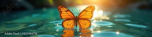 Fototapeta Submerged butterfly pull, intense sunlight reflecting,  start,  performance,  blue