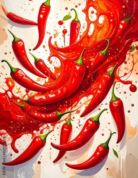 Fototapeta Vibrant red chili peppers with splash of sauce, creating a spicy and artistic composition
